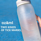 Clear Tritan water bottle with measurement markings on a blue background