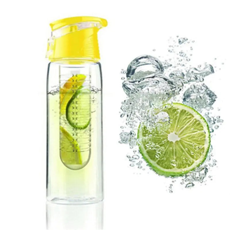 Clear water bottle with yellow cap containing lemon slices and cucumber, next to a lime slice in water.