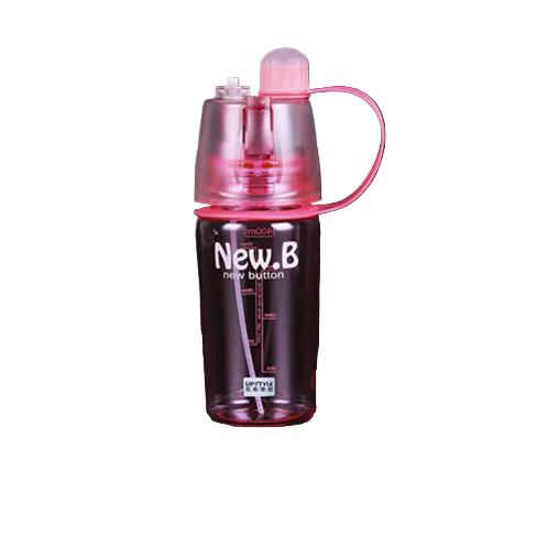 Pink water bottle with handle on a black background
